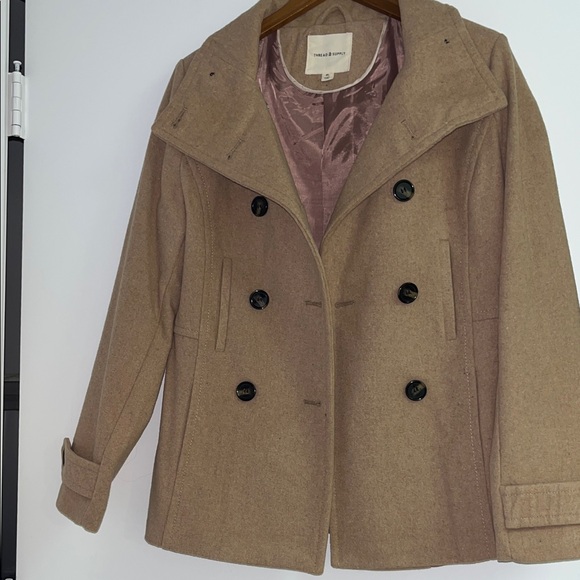 Nordstrom NWOTs Thread & Supply Camel High Collar Pea Coat Size Medium - Picture 2 of 16